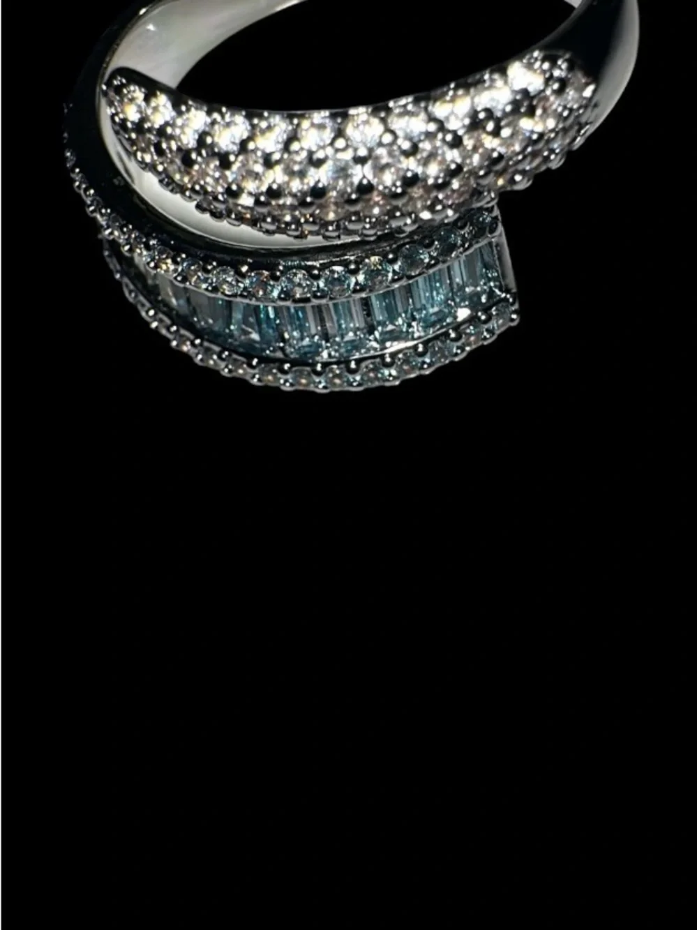 Bomb Party  Silver Blue Topaz & Cubic Zirconia Curved Ring